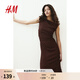 H&M女裝背心吊帶連衣裙2025夏季通勤修身一字肩垂褶緊身裙1283258 深棕色 M 165/96