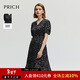 PRICH航海系穿搭法式氣質(zhì)印花泡泡袖雪紡連衣裙黑色V領(lǐng)淑女長(cháng)裙 19黑色 M 165