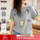 MsShe【原創(chuàng  )印花刺繡雙色短袖T恤】大碼女裝2025夏裝胖mm顯瘦上衣 A款-花灰色現貨 3XL