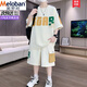 美羅邦（Meloban）夏季冰絲套裝男孩青少年學(xué)生國潮風(fēng)短袖短褲寬松搭配一套衣服潮流 G58白色 2XL 參考140-160斤左右