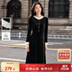 尚都比拉撞色花邊絲絨連衣裙女冬季優(yōu)雅圓領(lǐng)長(cháng)袖A字裙藏肉顯瘦氣質(zhì)中長(cháng)裙
