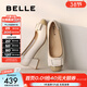 百麗（Belle）舒適優(yōu)雅單鞋女蝴蝶結牛皮方跟鞋D3S1DAQ5 米白 34
