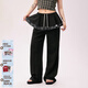 CHUU帶屁簾闊腿休閑褲女士2026春季新品格子拼接運動(dòng)抽繩長(cháng)褲子 黑色 M