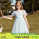 ASK JUNIOR女童連衣裙夏裝薄款中大童短袖兒童裙子時(shí)尚網(wǎng)紗甜美公主裙 藍色
