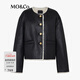 MO&Co.絨面夾克絨邊圓領(lǐng)肌理感廓形短款機車(chē)外套華麗金扣摩安珂 黑色 M /165