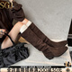 SGJ英國奢侈品牌騎士靴女高級感瘦瘦靴方頭中筒新款堆堆靴長(cháng)筒長(cháng)靴子 深棕色【精美l禮盒】 38
