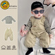G.duck小黃鴨嬰兒背帶褲條紋T恤兩件套男女寶寶連體衣套裝外穿兒童連體 條紋T恤+淺卡其背帶褲 90