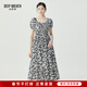 深呼吸DEEP BREATH女裝復古印花方領(lǐng)泡泡袖收腰純棉連衣裙A500249 黑白 M (3)