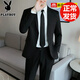 花花公子西服套裝男休閑韓版商務(wù)職業(yè)正裝三件套修身結婚伴郎新郎西裝外套 黑色兩扣西服+領(lǐng)帶 3XL