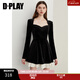 DPLAY年冬季新款百搭黑色方領(lǐng)修身顯瘦短款連衣裙短裙長(cháng)袖女 經(jīng)典黑 S