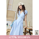 謎秀木耳邊V領(lǐng)收腰法式連衣裙女2026春季夏季新款女裝設計感中長(cháng)裙子 藍色 L