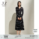 玖姿·安娜蔻優(yōu)雅風(fēng)浪漫碎花抽褶V領(lǐng)針織印花連衣裙女春季 花黑 2XL