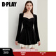 DPLAY年冬季新款百搭黑色方領(lǐng)修身顯瘦短款連衣裙短裙長(cháng)袖女 經(jīng)典黑 S