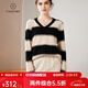 帕什 羊絨衫女100%山羊絨秋冬V領(lǐng)單紗寬松條紋針織毛衣 TY-3134 青絨+黑 均碼