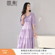 香影v領(lǐng)肌理感連衣裙女2025夏裝新款時(shí)尚寬松抽繩泡泡袖紫色裙子 紫色 XL 170/92A/125-140斤