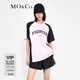 MO&Co.美式復古運動(dòng)撞色插肩袖寬松純棉短袖T恤籃球服上衣上裝新年紅 裸粉色 L 170