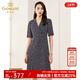 喬萬(wàn)尼v領(lǐng)修身收腰印花碎花連衣裙夏季新款中長(cháng)裙子女裝新款 藍色 XL