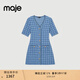 Maje2025秋冬女裝法式時(shí)尚花呢藍色單排扣開(kāi)合門(mén)襟V領(lǐng)收腰連衣裙 藍色 S