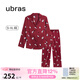 ubras流光滿(mǎn)印翻領(lǐng)短袖短褲套裝家居服睡衣女薄款舒適居家 【女款】長(cháng)袖長(cháng)褲-好奇貓貓-紅 M