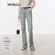 MO&Co.牛仔褲設計感側縫前移微彈棉質(zhì)淺藍色中腰微喇拖地摩安珂 牛仔藍色 S /S