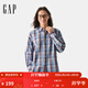 GAP男裝春季款純棉刺繡logo長(cháng)袖彩格子襯衫寬松上衣723246 藍色格子 L (175/96A) 亞洲尺碼