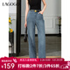 LAGOGO高腰顯瘦流行牛仔褲女拉谷谷2025年春季新款撞色口袋直筒褲 淺牛仔藍 L