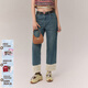 CHUU直筒九分牛仔褲女2026春季新品設計感蕾絲邊拼接減齡百搭褲子 牛仔藍 27