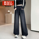 Rindu胖mm大碼加絨黑色牛仔褲女直筒闊腿子寬松緊高腰學(xué)生顯瘦牛仔褲女 黑色 【常規】 M 90-105斤