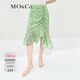 MO&Co.半身裙春夏法式碎花茶歇裙含桑蠶絲高腰抽褶摩安珂 白底綠印花 S 160