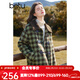 百圖betu女裝冬季新款棉衣翻領(lǐng)仿羊羔毛拼接雙色格子外套2411D02 綠色格 S