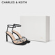 CHARLES&KEITH26春季新品一字帶亮鉆高跟鞋露趾涼鞋婚鞋子女鞋SL1-60920058 BLACK TEXTURED黑色紋理 37 （235）