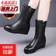 真軟皮靴子女靴2025新款馬丁靴棉靴女冬季加絨雪地靴坡跟中筒靴女 黑色加絨 36