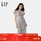 GAP女裝夏季款純棉印花logo收腰抽褶開(kāi)叉短袖連衣裙764855 淺灰 S (160/80A) 亞洲尺碼