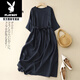 花花公子（PLAYBOY）2025夏款素雅簡(jiǎn)約棉麻連衣裙文藝復古圓領(lǐng)中袖系帶大擺中長(cháng)裙 2024藏青色2025 2XL