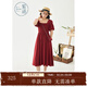紫涵（ZIHAN）紫涵法式復古打攬連衣裙女夏季方領(lǐng)燈籠袖高腰A字中長(cháng)裙 復古紅 S