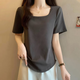 珊瑚嵐胖妹妹大碼女裝遮肉顯瘦正肩t恤女夏季新款萊賽爾天絲短袖上衣 灰色 XL 【建議126-140斤】