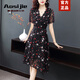 Aosijie高端品牌女裝 碎花雪紡連衣裙女2022夏季新款短袖氣質(zhì)收腰顯瘦蕾絲v領(lǐng)印花中長(cháng)款裙子 黑色短袖 M