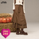 妖精的口袋復古棕色格紋拼接半身裙女2025秋季新款松緊腰a字傘裙 復古棕色 M
