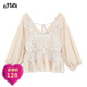 妖精的口袋仙氣鏤空蕾絲雪紡衫女2025春季新款設計感罩衫薄紗上衣 蕾絲米白色 M
