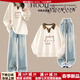 碧彩雅女童春季衛衣套裝新款洋氣青少年衣服女孩休閑衛衣牛仔褲兩件套潮 杏色+牛仔褲（春秋款） 165 （L）碼【建議105-120斤】