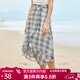 Olrain歐芮兒夏裝格子半身裙女中長(cháng)款度假裙子 灰格子 L