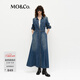 MO&Co.連衣裙春高腰腰帶洗磨棉質(zhì)復古襯衫長(cháng)裙MBE1DRS035 牛仔藍色 M 165