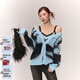 CHUU字母刺繡針織衫女2025年冬季新品V領(lǐng)撞色單排扣長(cháng)袖開(kāi)衫毛衣 baby藍 均碼