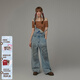 CHUU字母刺繡磨破背帶牛仔褲女2026春季新品撞色拼接做舊長(cháng)褲子 牛仔藍 L
