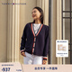 Tommy Hilfiger【羊毛羊絨混紡】秋冬女裝休閑慵懶拼色寬松V領(lǐng)開(kāi)衫毛衣外套 藏青色DW5 S