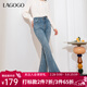 LAGOGO淺藍色高腰微喇牛仔褲女拉谷谷春秋新款彈力復古開(kāi)叉長(cháng)褲 淺牛仔藍(N7) L