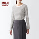 MUJI女式 彈力羅紋編織 圓領(lǐng)長(cháng)袖T恤打底衫女款內搭 女裝 BB2OVA4S 米白色條紋 XS (150/76A)