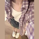 衣然呈品格子女士襯衫春秋季新款美式復古疊穿襯衣寬松休閑長(cháng)袖上衣外套女 淺紫色 M 【建議90-110斤】