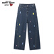 查爾斯桃心美式潮流彩色愛(ài)心小熊刺繡情侶牛仔直筒褲男女同款 深藍    XS   