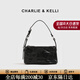 CHARLIE&KELLI CK品牌包包女款褶皺蠟皮單肩腋下小方包女士2026新款手提斜挎包 黑色【京倉配送 贈專(zhuān)柜禮袋】